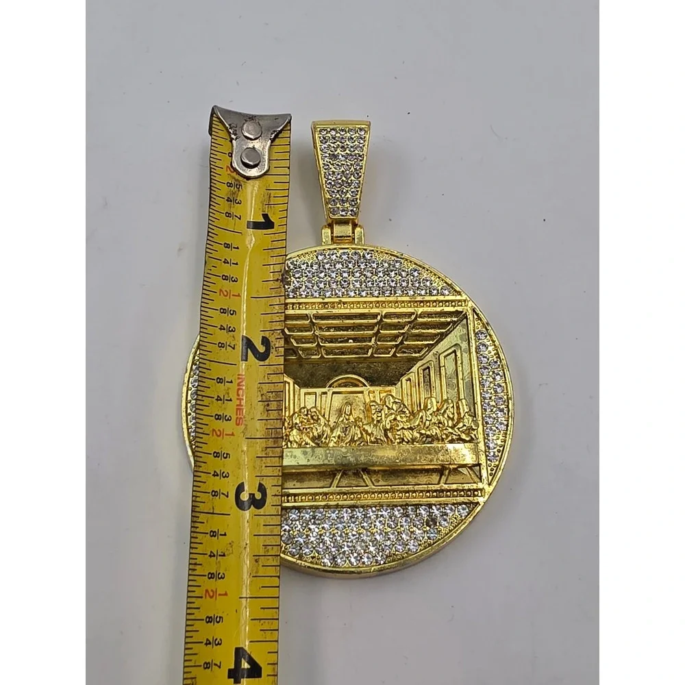 Gold Tone Last Supper Medallion Pendant Iced Out Rhinestone Hip Hop Religious